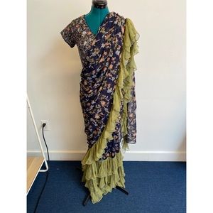 Navy Blue Floral print Ruffle sari & Blouse